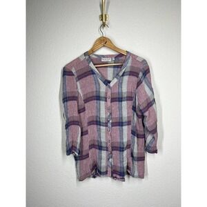 Habitat Large L Crinkle Knit Top Colorful Plaid Linen Blend